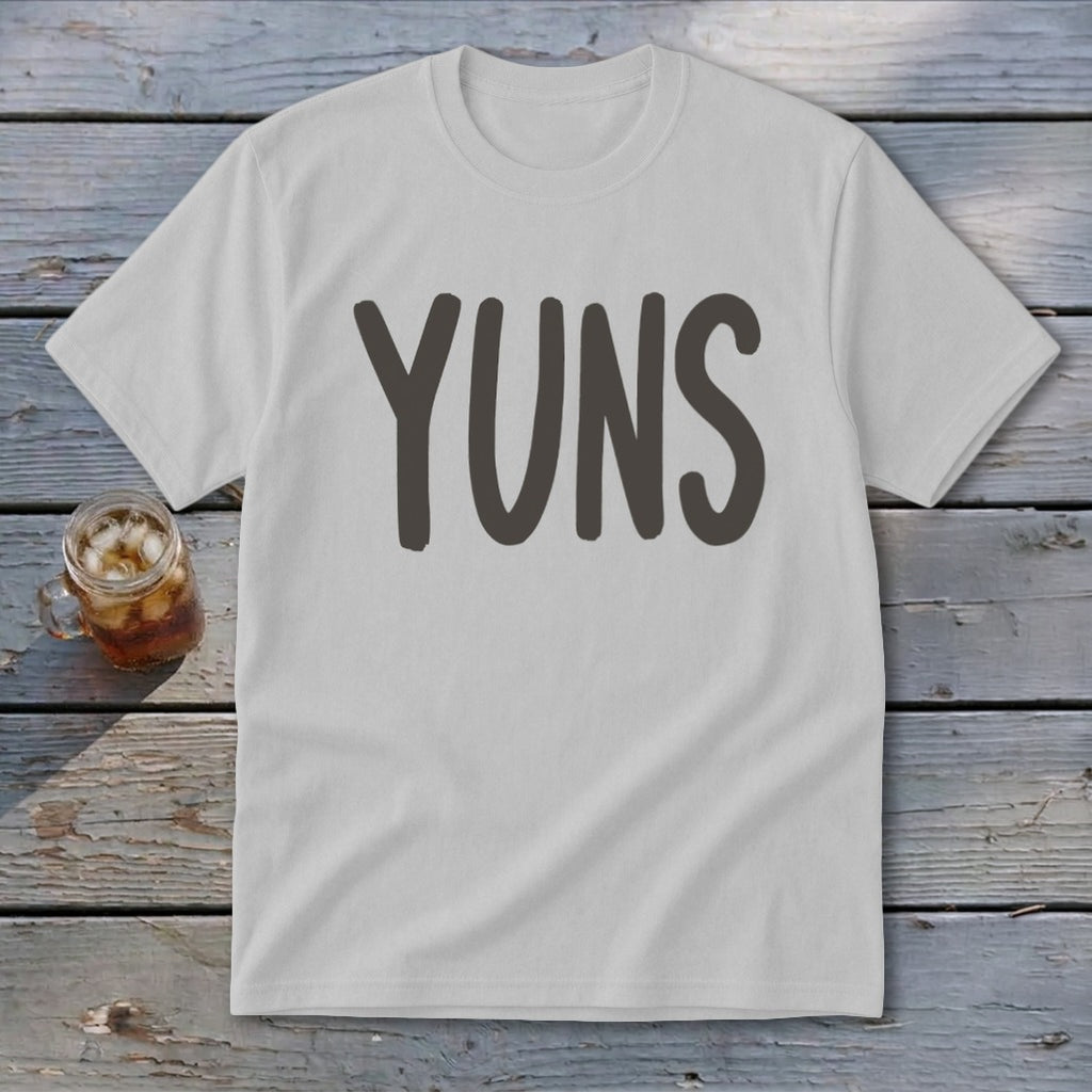 White t-shirt with "YUNS" printed in large, dark grey letters.