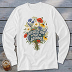 White long-sleeve shirt with "Decoration Day Blooms" text and floral bouquet graphic.