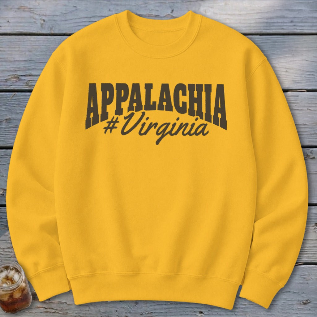 Yellow sweatshirt with "APPALACHIA #Virginia" text in dark grey.