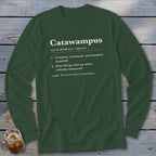 Dark green long-sleeved shirt with "Catawampus" definition printed in white text.
