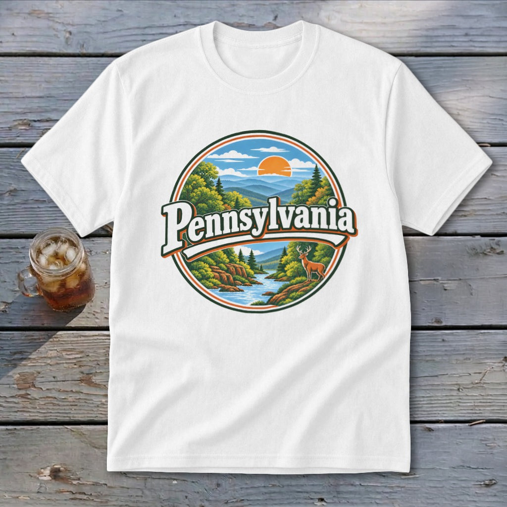 White t-shirt with circular Pennsylvania graphic featuring mountains, river, deer, and sunset.