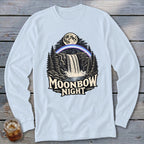 Long sleeve shirt with waterfall, moon, rainbow, and "Moonbow Night" text.