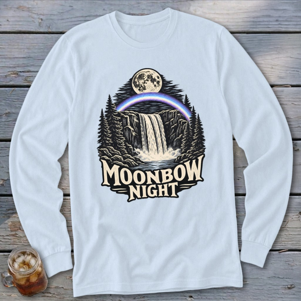 Long sleeve shirt with waterfall, moon, rainbow, and "Moonbow Night" text.
