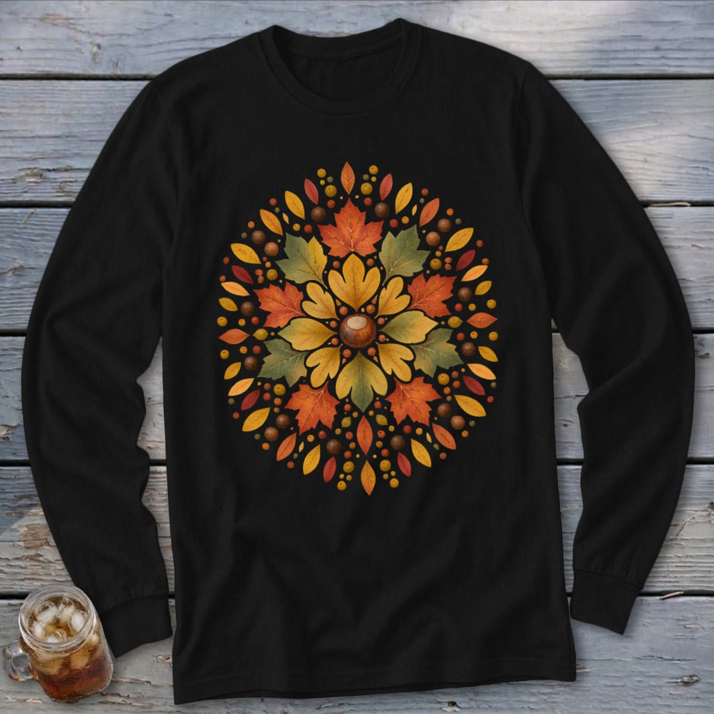 Black long-sleeve shirt with circular autumn leaf and acorn mandala design.