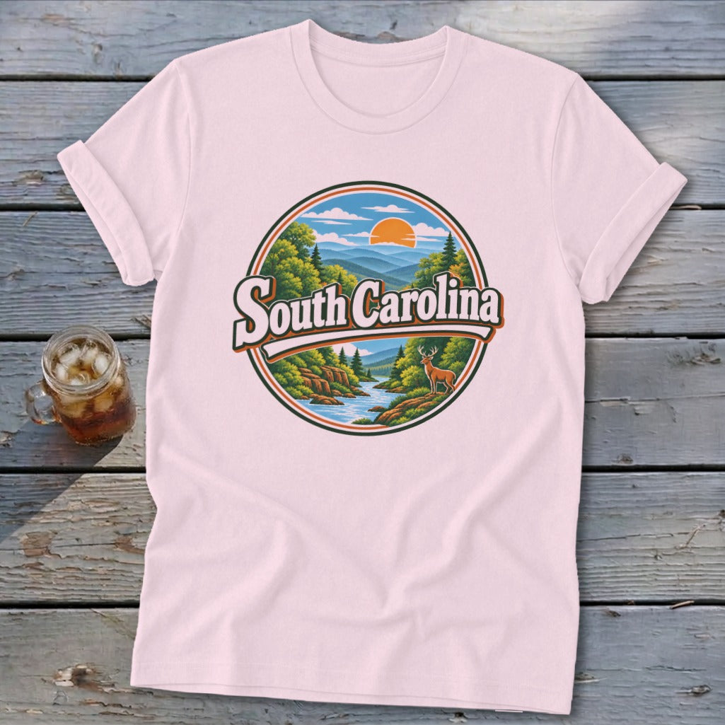 T-shirt with circular graphic of South Carolina landscape, deer, and river.