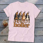 Pink t-shirt with four baying dogs and the word "holler".