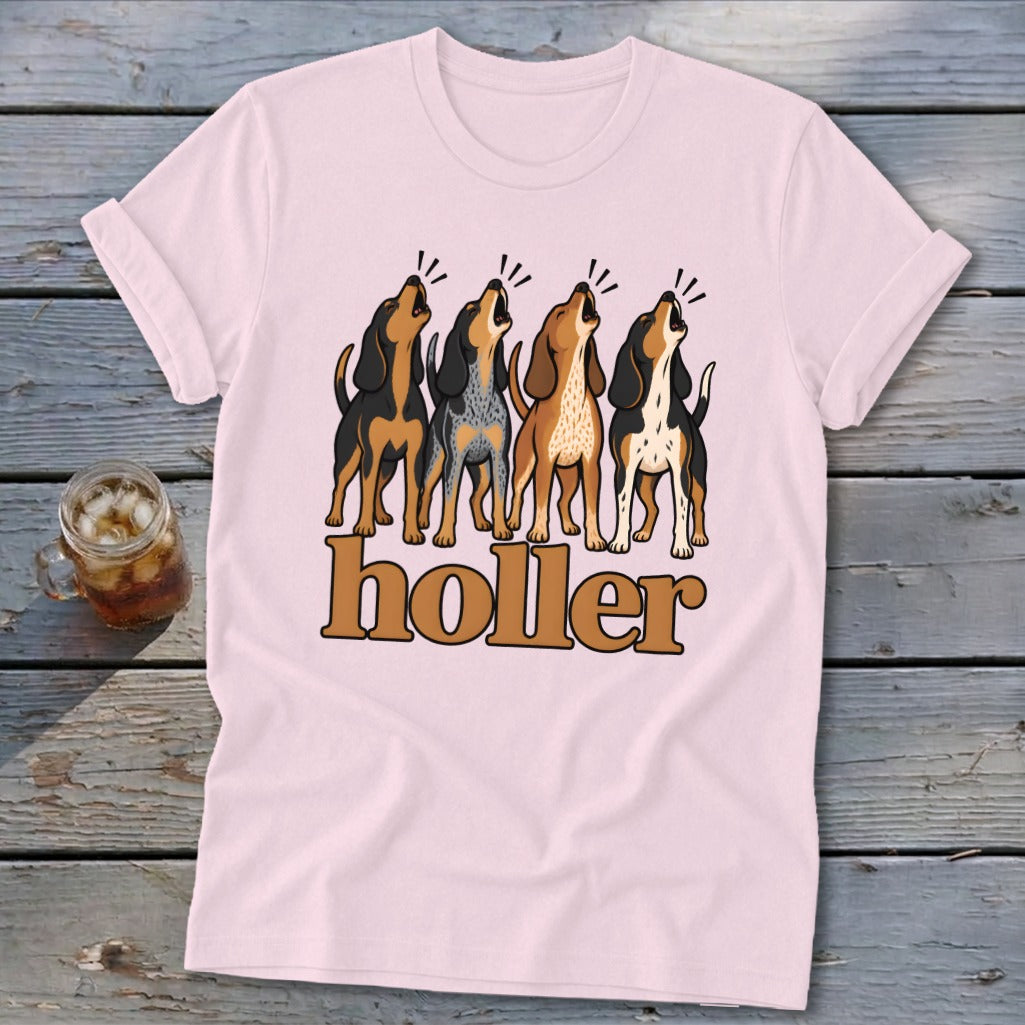 Pink t-shirt with four baying dogs and the word "holler".
