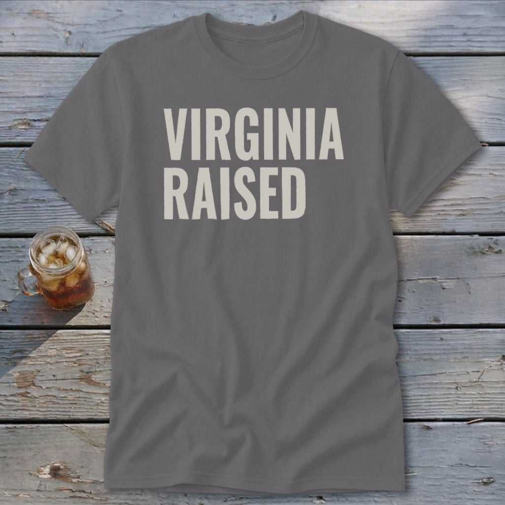Gray t-shirt with "Virginia Raised" text in off-white.