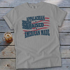 T-shirt with American flag graphic and text "Appalachian Raised American Made".