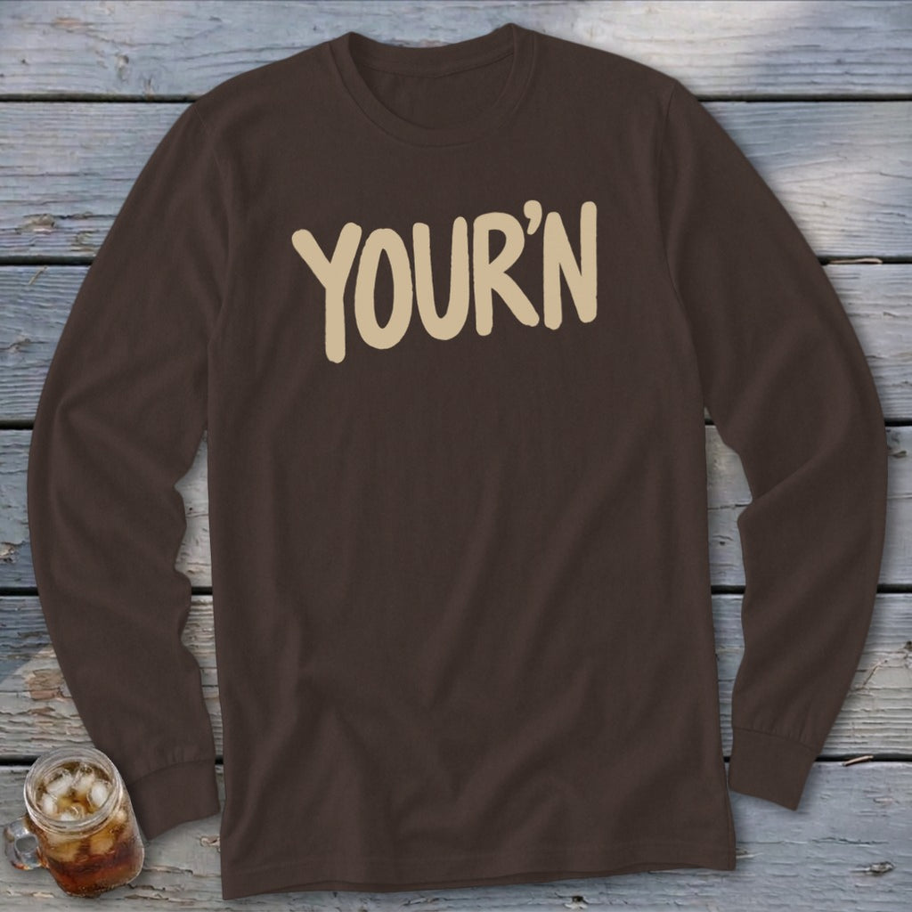 Brown long-sleeved shirt with "YOUR'N" text.