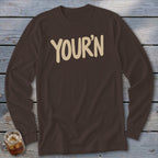 Brown long-sleeved shirt with "YOUR'N" text.