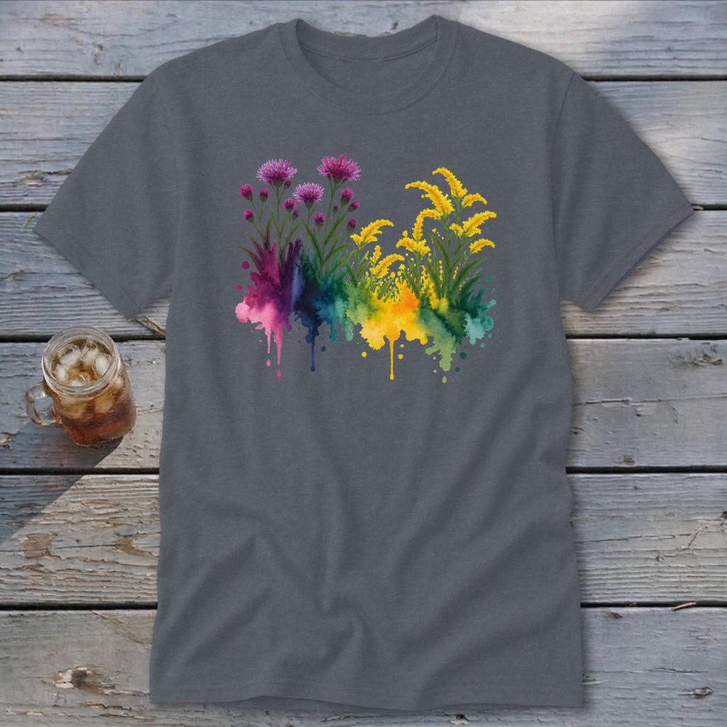 Gray t-shirt with watercolor floral design of purple thistles and yellow flowers