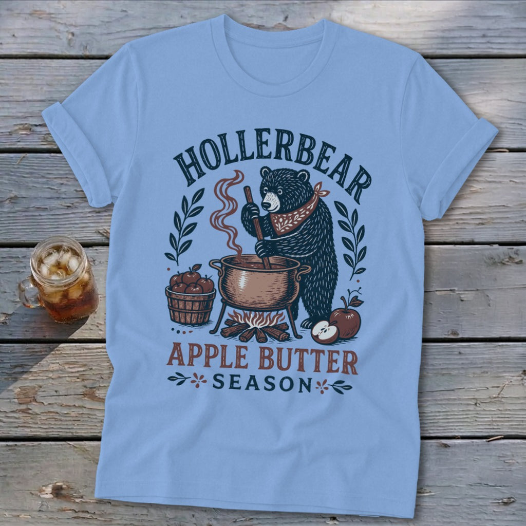 Light blue t-shirt with "Hollerbear Apple Butter Season" text and bear graphic.