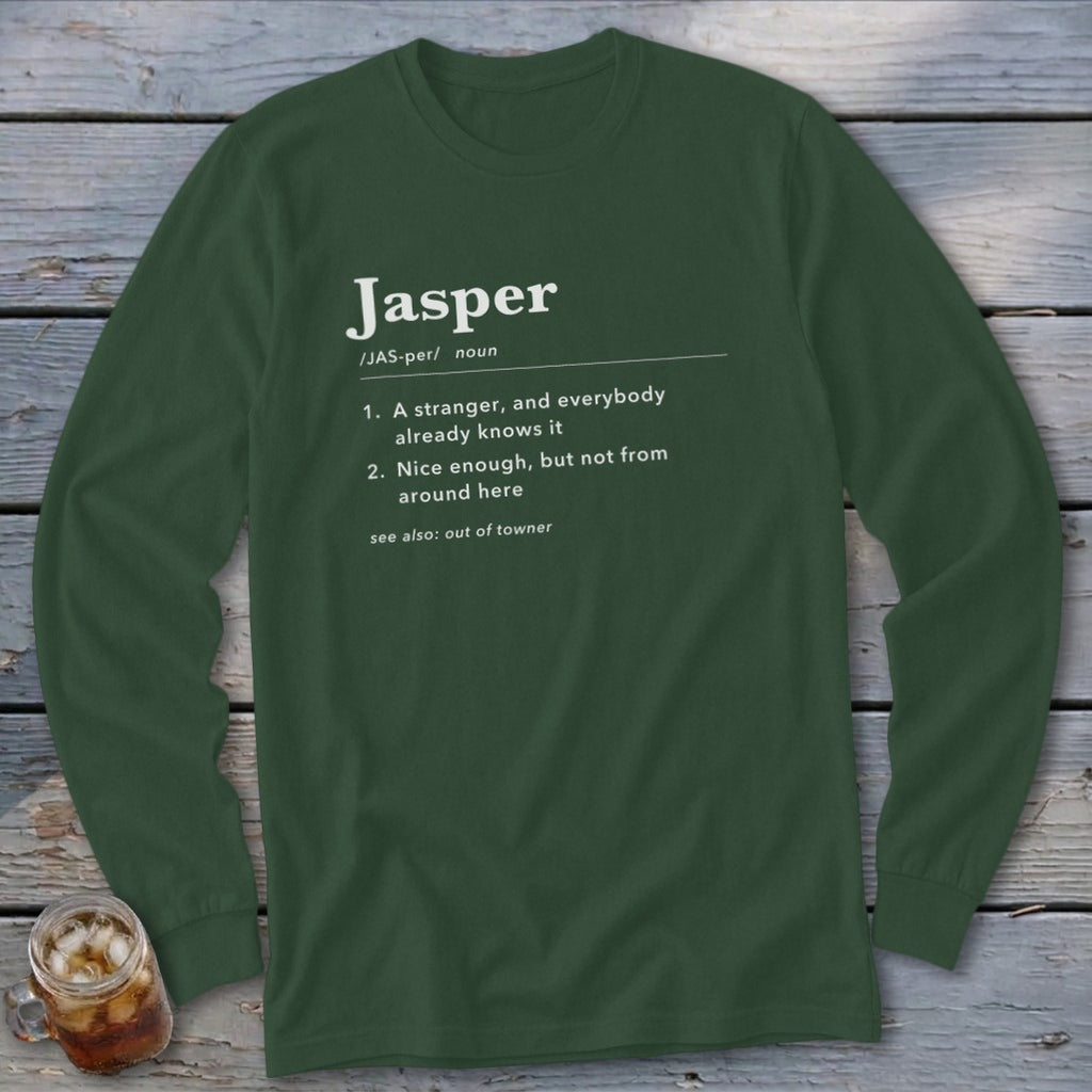 Green long-sleeve shirt with "Jasper" definition printed on chest.