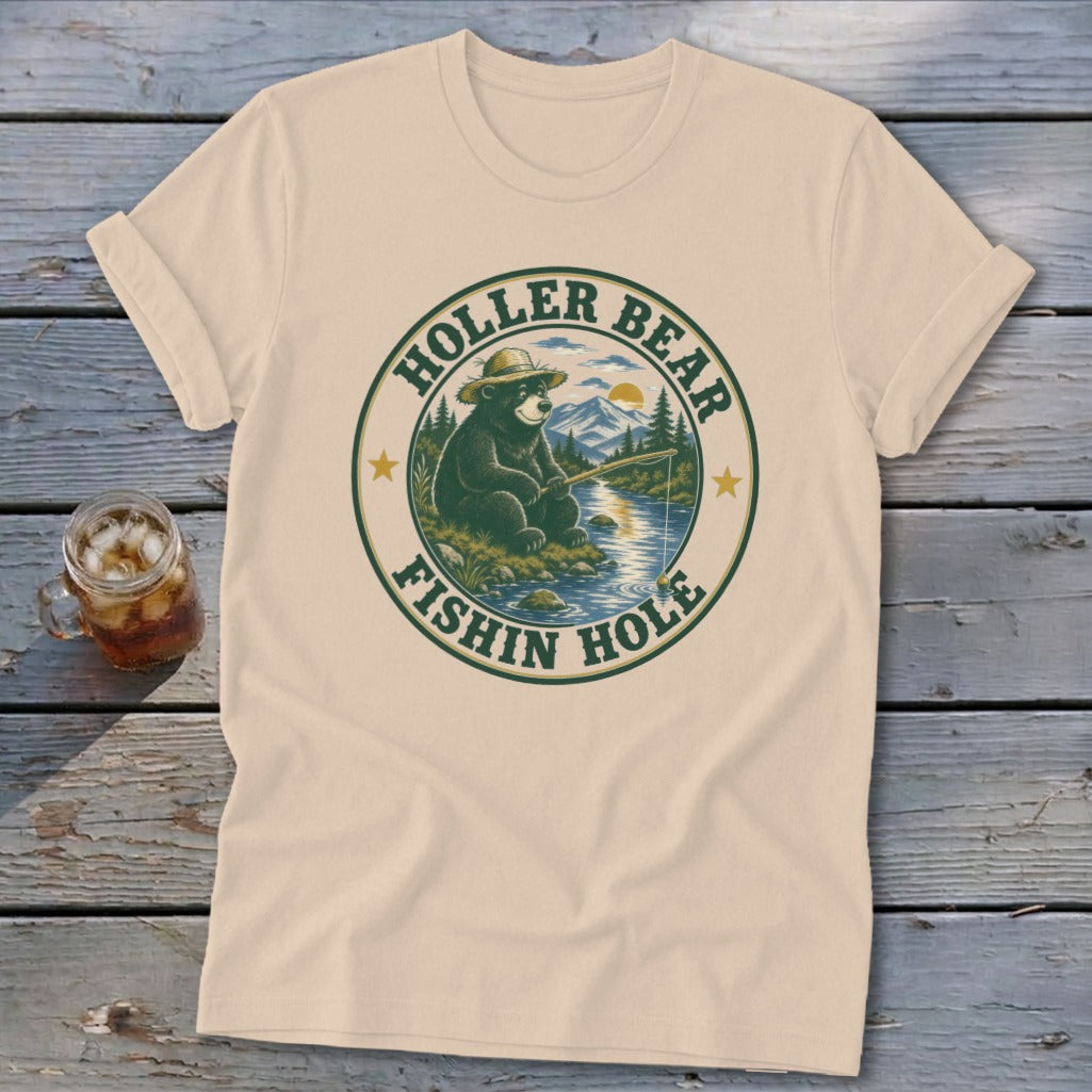 Cream t-shirt with "Holler Bear Fishin Hole" graphic of a bear fishing.