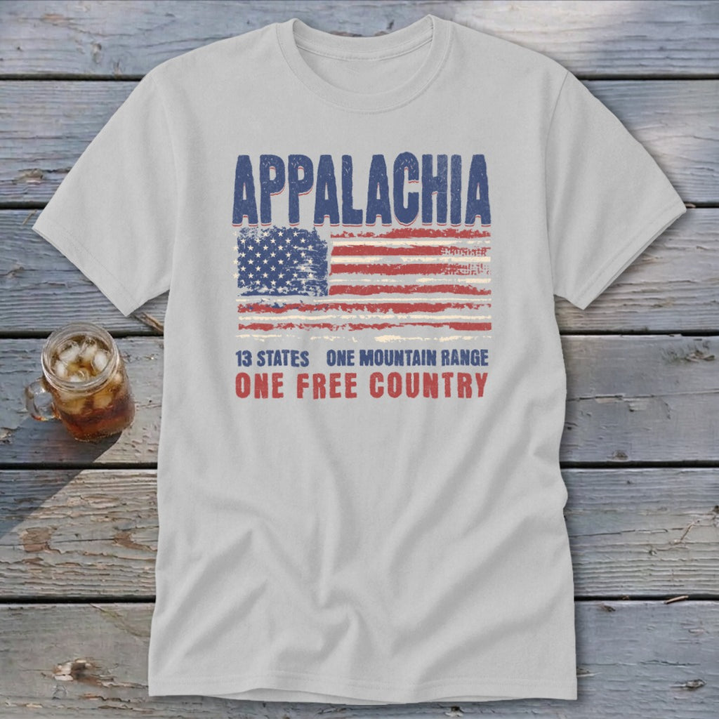 A light gray t-shirt featuring distressed text reading Appalachia over an American flag graphic.