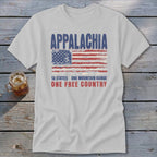 A light gray t-shirt featuring distressed text reading Appalachia over an American flag graphic.