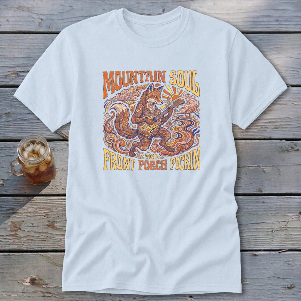 Light blue t-shirt with a fox playing a banjo, "Mountain Soul and Front Porch Pickin'" text.