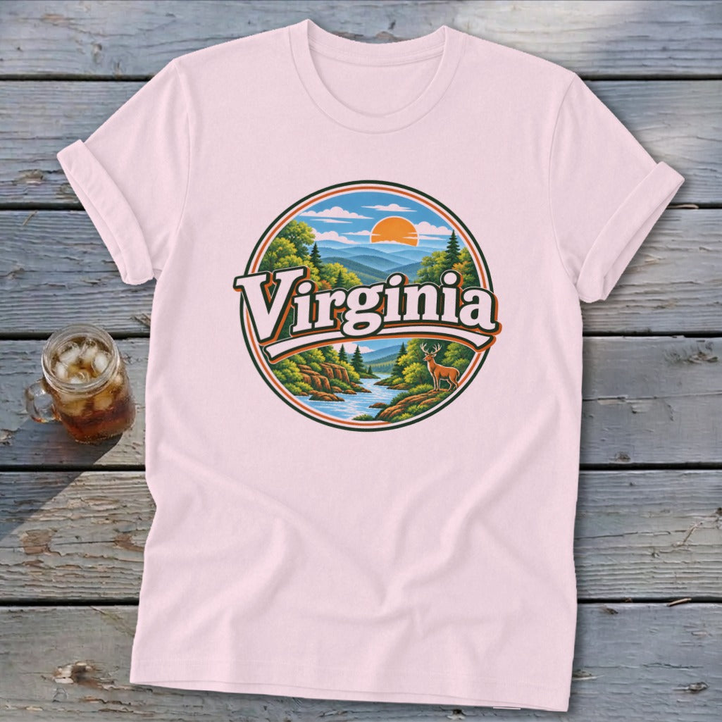 Pink t-shirt with a circular graphic of a Virginia landscape and a deer.