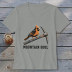 Cardinal bird perched on a pickaxe with "Mountain Soul" text below.