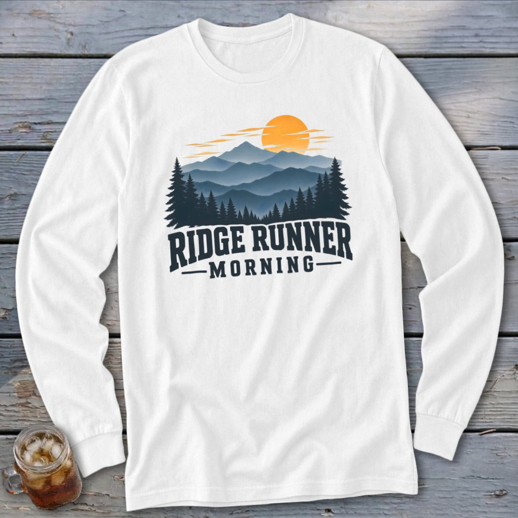 White long-sleeve shirt with mountain landscape and text "RIDGE RUNNER MORNING".