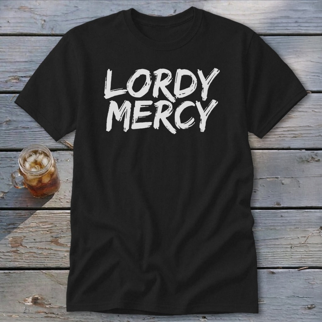 Black t-shirt with white "LORDY MERCY" text and a glass of iced drink.