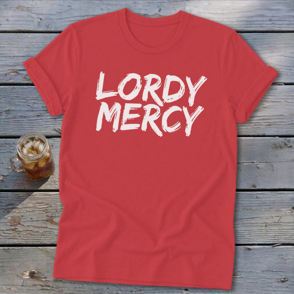 Red t-shirt with white text "LORDY MERCY" and a glass of iced drink.