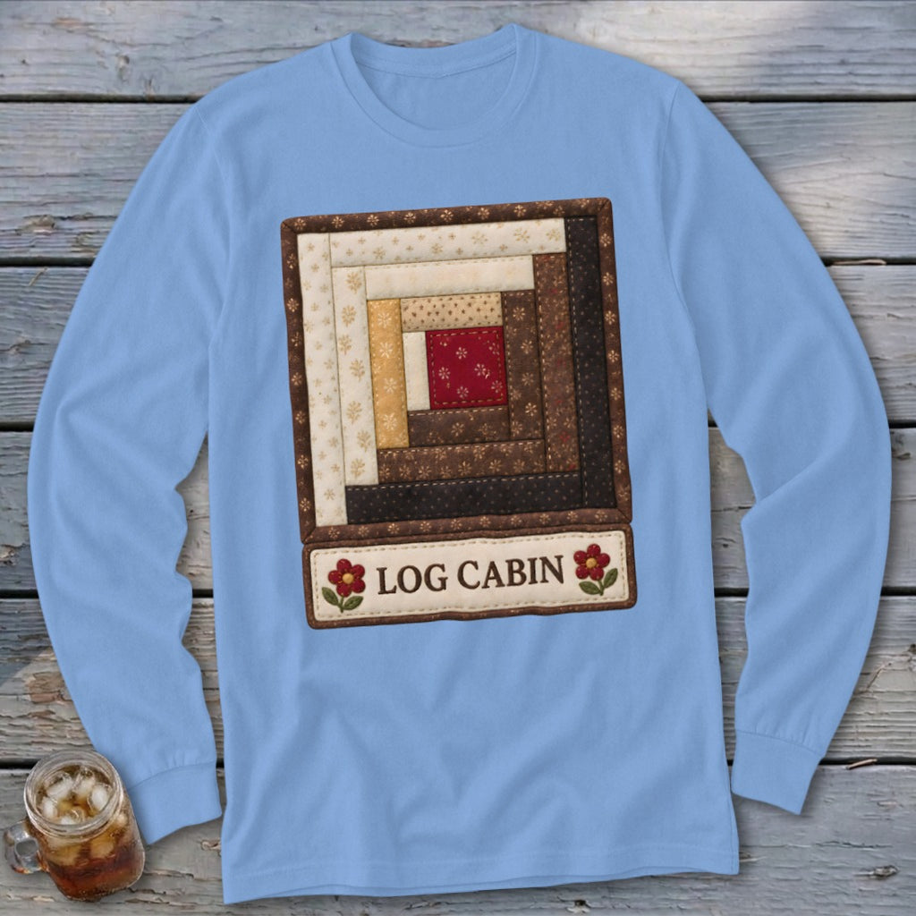 Light blue long-sleeve shirt with a log cabin quilt block design and "LOG CABIN" text.