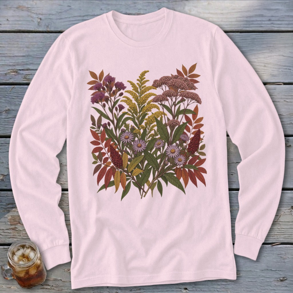 Pink long-sleeve shirt with a detailed floral illustration of autumn plants and flowers.
