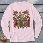 Pink long-sleeve shirt with a detailed floral illustration of autumn plants and flowers.