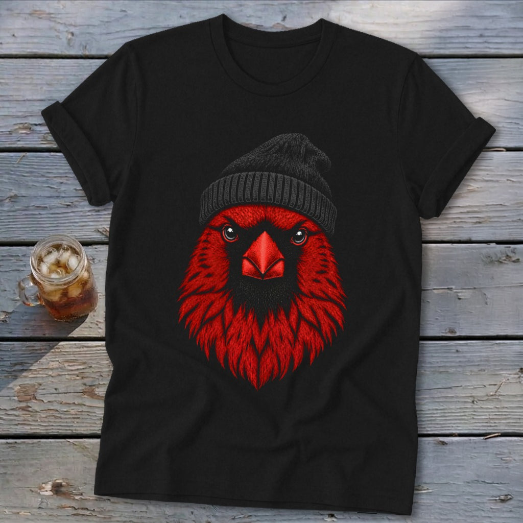 Black t-shirt with a graphic of a red cardinal wearing a black beanie.