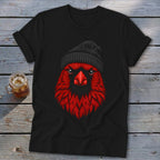 Black t-shirt with a graphic of a red cardinal wearing a black beanie.