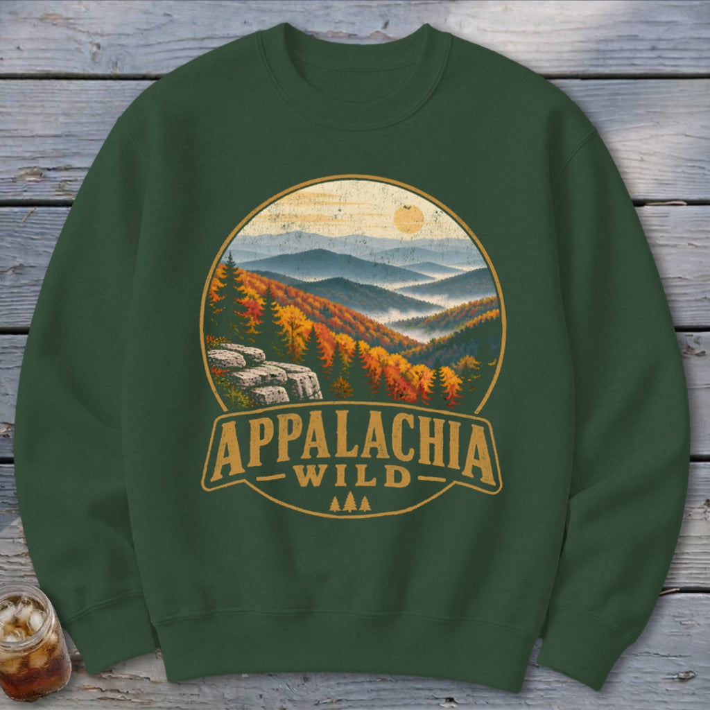 Green sweatshirt with circular graphic of Appalachia mountains and "APPALACHIA WILD" text.