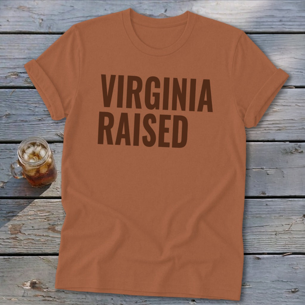 Orange t-shirt with "Virginia Raised" text and a glass of iced tea.