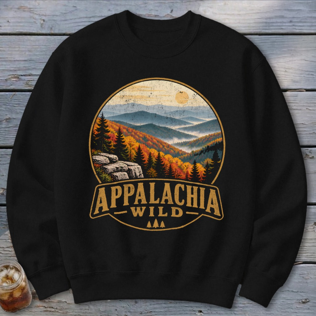 Black sweatshirt with circular Appalachian mountain landscape and "Appalachia Wild" text.