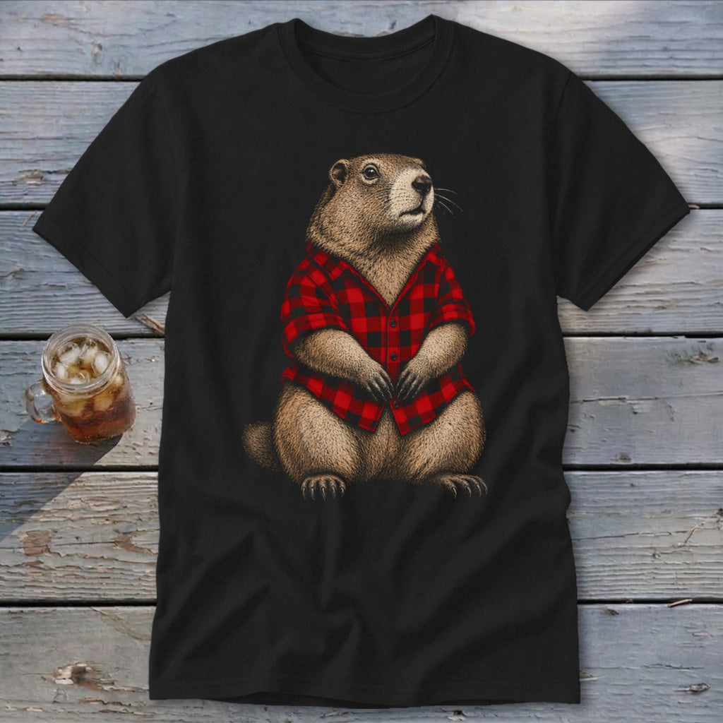 Groundhog wearing a red and black flannel shirt on a black t-shirt.