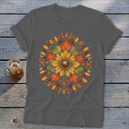 Gray t-shirt with a circular autumn leaf mandala design featuring a chestnut center.