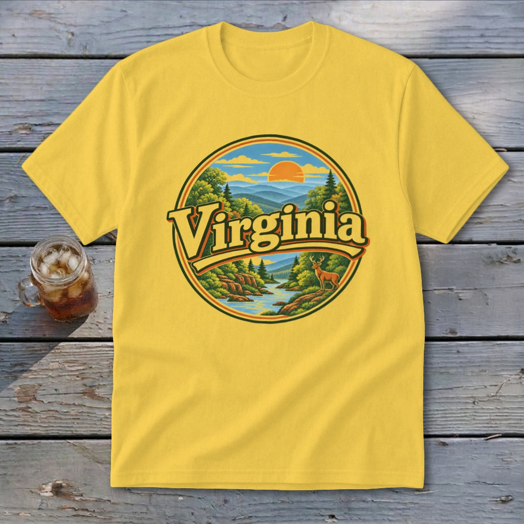 Yellow t-shirt with circular graphic of Virginia mountains, river, deer, and sunset.