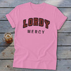 Pink t-shirt with red "LORDY" and black "MERCY" text.