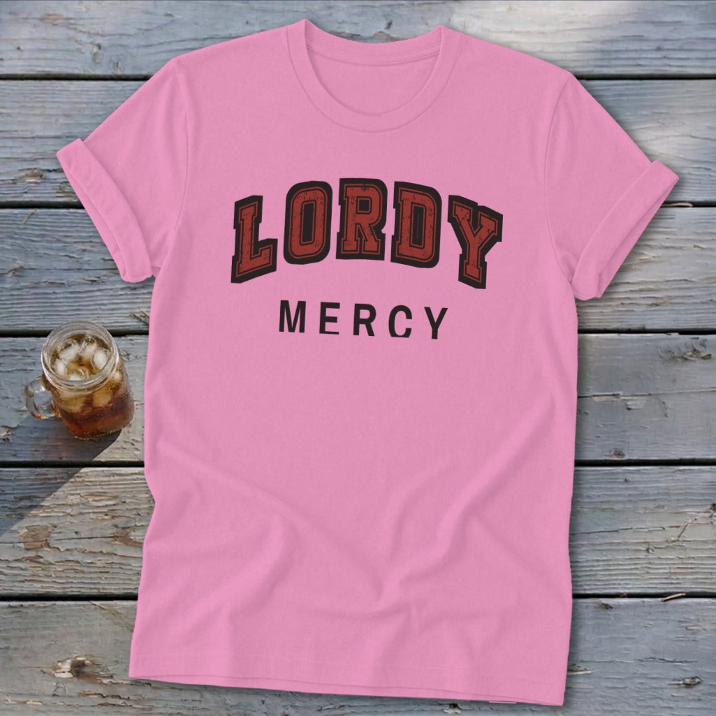 Pink t-shirt with red "LORDY" and black "MERCY" text.