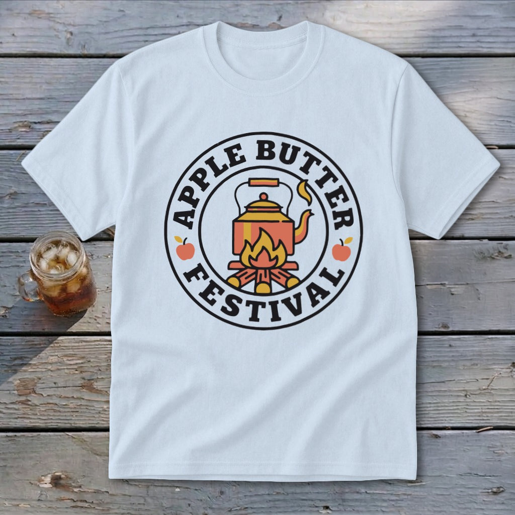 White t-shirt with circular "Apple Butter Festival" logo featuring a kettle over a campfire.