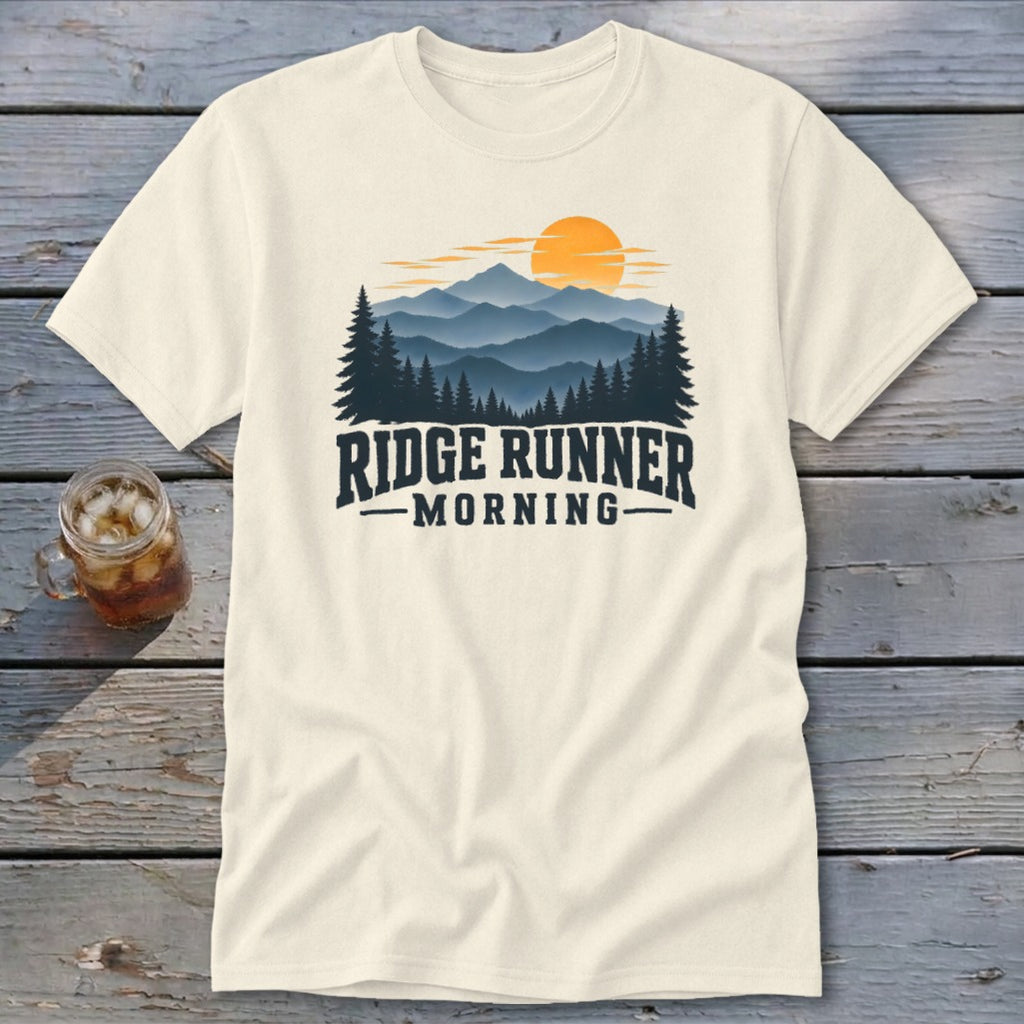 Cream t-shirt with "Ridge Runner Morning" text and mountain landscape graphic.
