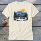 Cream t-shirt with "Ridge Runner Morning" text and mountain landscape graphic.