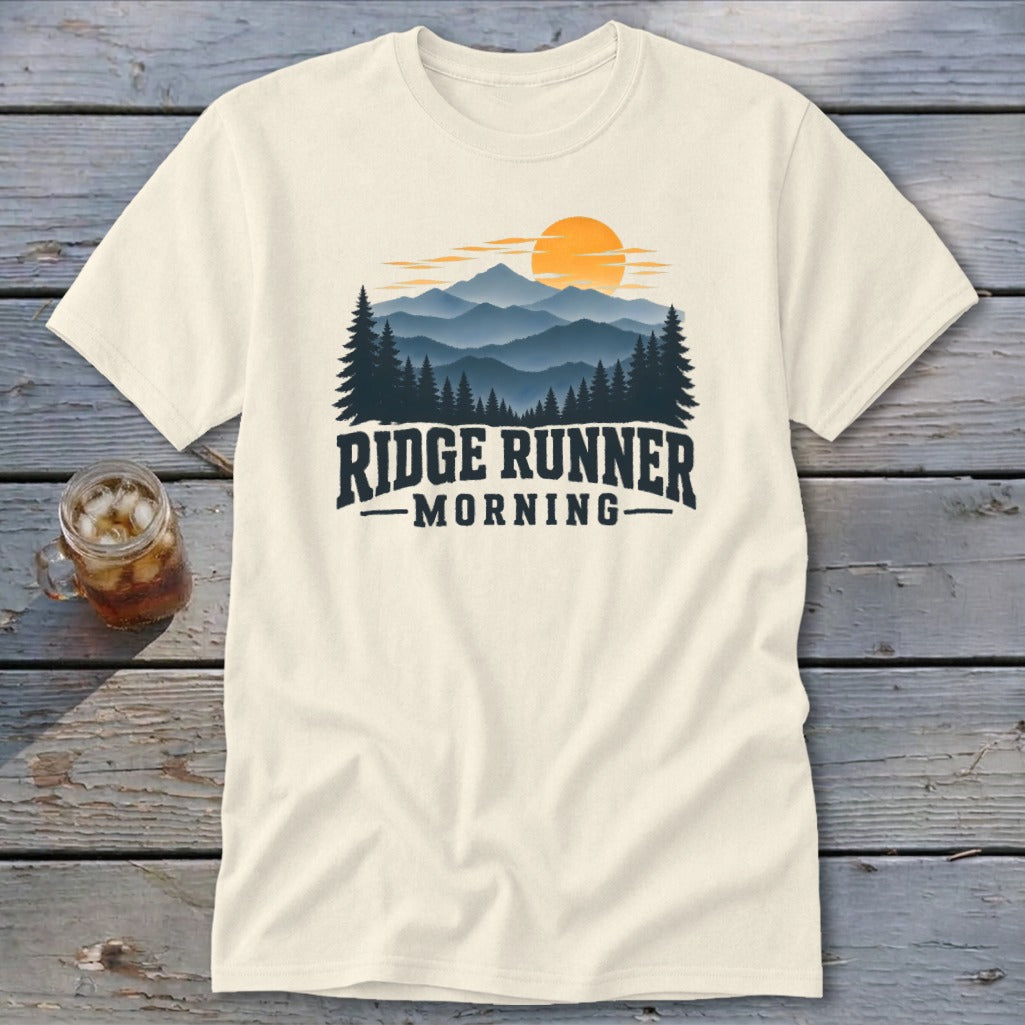 Cream t-shirt with "Ridge Runner Morning" text and mountain landscape graphic.