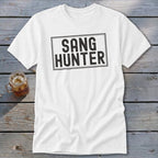 White t-shirt with black "SANG HUNTER" text in a distressed rectangle.