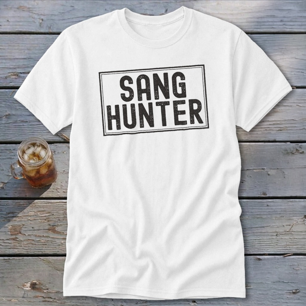 White t-shirt with black "SANG HUNTER" text in a distressed rectangle.