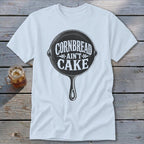 White t-shirt with a cast iron skillet graphic reading "Cornbread Ain't Cake."
