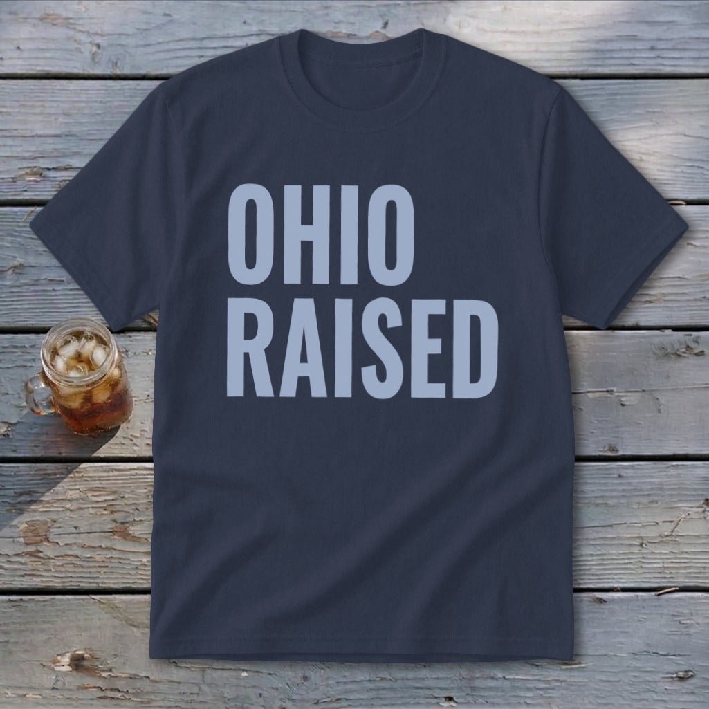 Navy t-shirt with "OHIO RAISED" in light blue lettering.