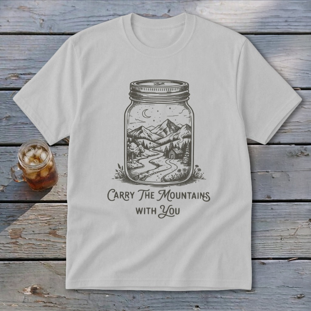Light gray t-shirt with a jar graphic containing a mountain scene and the text Carry The Mountains With You.