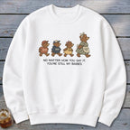 White sweatshirt with graphic of teddy bears and text "You'uns, Yinz, Y'all, Appalachian Mama."